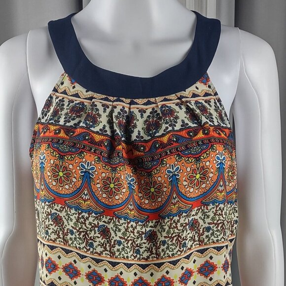 A. Byer Sleeveless Boho Print Shift Dress Navy Trim Keyhole Back Size M - Picture 3 of 13